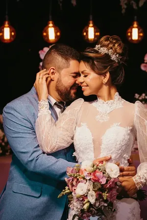 Wedding photo: couple touching foreheads tiara closeup